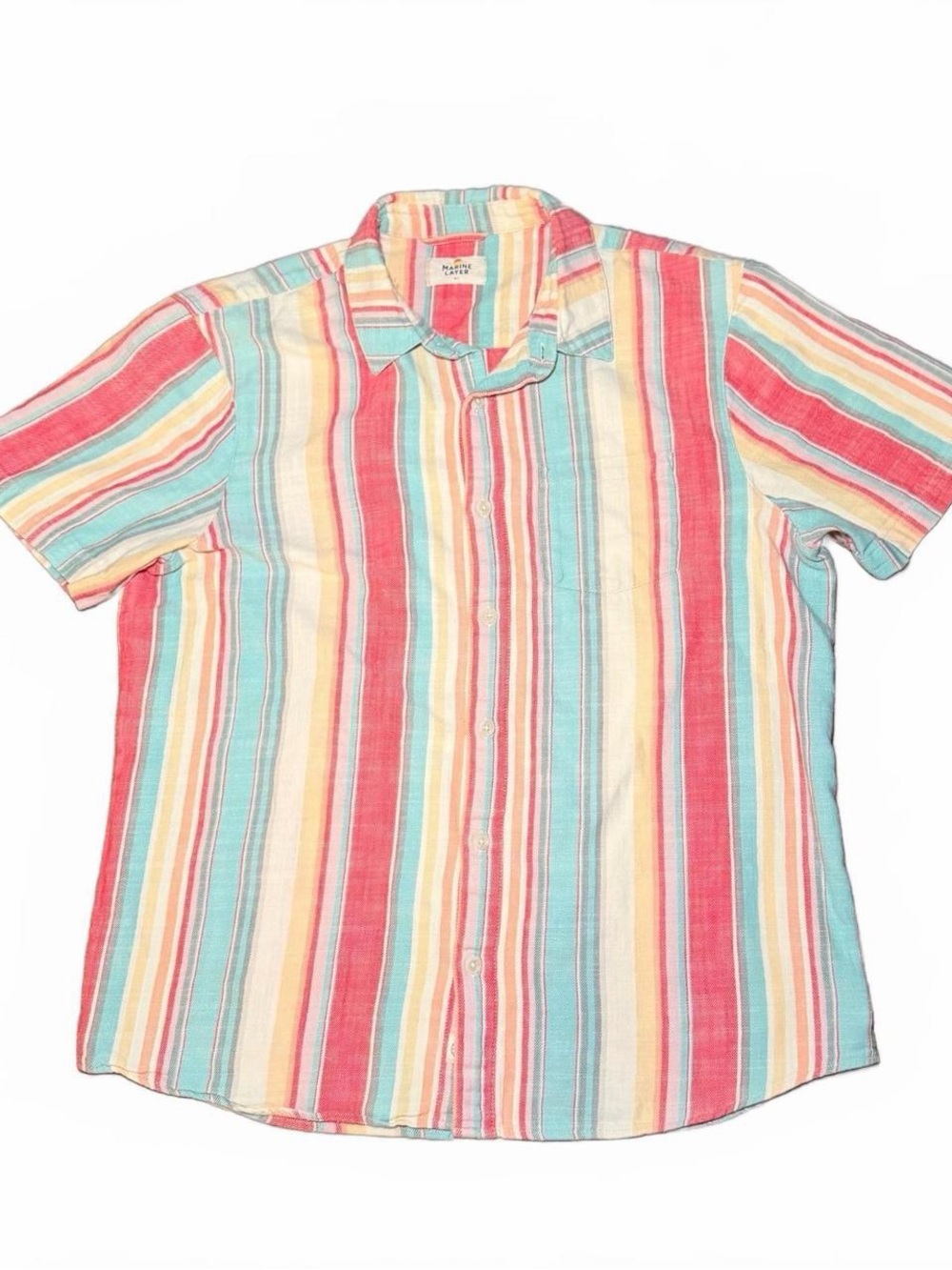 Marine Layer Short-Sleeve Striped Button-Down Shirt - Red, Blue, Cream, Tan